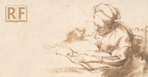 ink drawing of a person spending their time reading a book of suttas